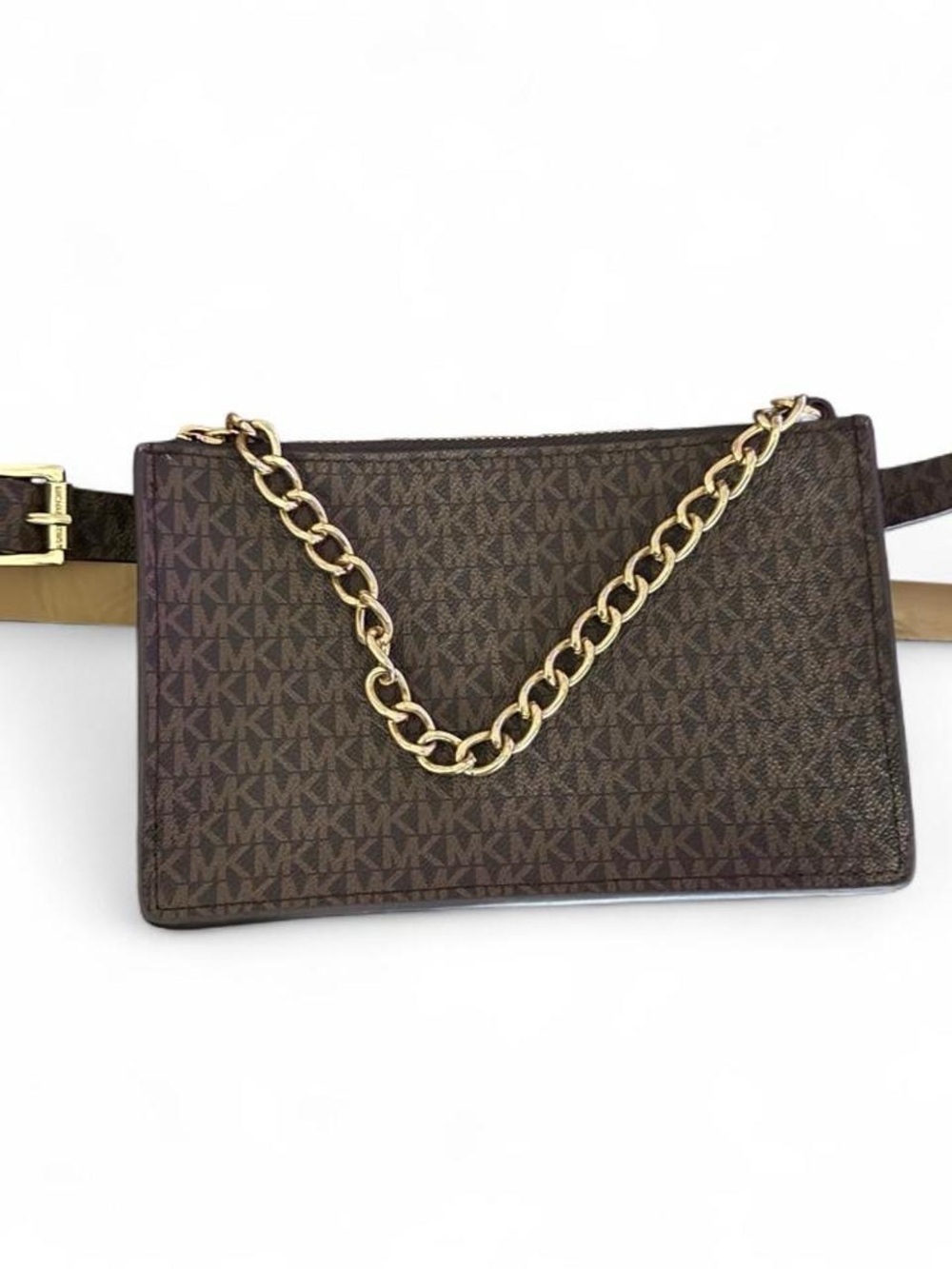 Michael Kors Dark Brown MK Monogram Crossbody with Gold Chain